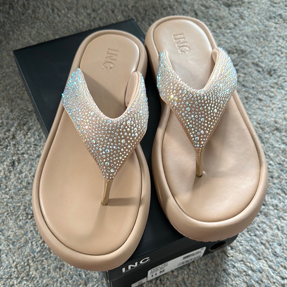 INC International Concepts Women's Tan Sandals with Rhinestone Embellishments